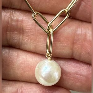 HANDMADE 10mm White Cultured Pearl 14K Paperclip Necklace 19 Inches - Adjustable